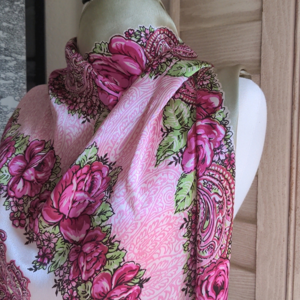 VINTAGE | hot pink and green floral scarf, large satin scarf